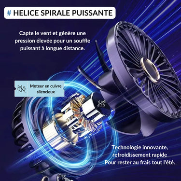 Ventilateur de poche avec hélice en spirale puissante et moteur en cuivre silencieux, conçu pour générer un souffle puissant à longue distance avec une technologie de refroidissement rapide.